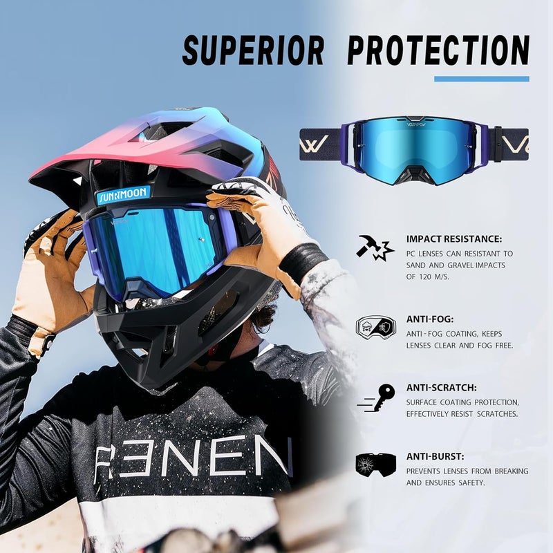 VOZAPOW Dirt Bike Goggles Over Glasses Anti-Fog, Motorcycle Protective Eyewear Motocross Goggles for Men Women - Image 2